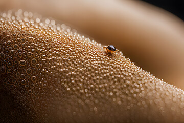 Macro shot of water droplets on smooth surface abstract texture with focus on single droplet