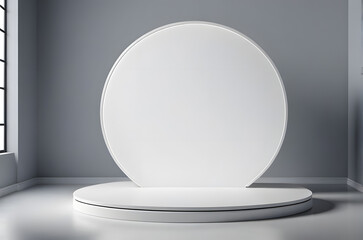 Round pastel lightning glowing geometric podium circular shape product placement beauty display advertisement 3d render visual minimalist white backdrop modern interior mockup blank copy space 