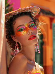 Wall Mural - Woman face (model) with colorful glitter neon make up and glamour style