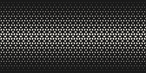 Wall Mural - Vector halftone seamless pattern. Elegant monochrome texture with gradient transition effect. Black and white geometric background with floral shapes, falling petals, mesh, lattice. Abstract design