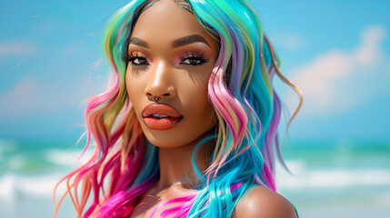 Wall Mural - Woman with ombre colorful pastel colors hair