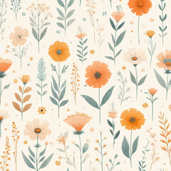 Wall Mural - Cute feminine seamless pattern with wildflowers orange