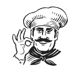 Wall Mural - Happy chef gesturing ok. Restaurant worker sign. Hand drawn sketch drawing vector