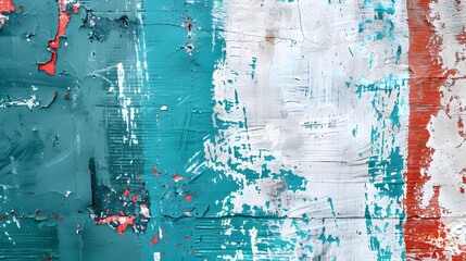 Wall Mural - Closeup of colorful teal, blue and red urban wall texture with white white paint stroke. Modern pattern for design. Creative urban city background. Grunge messy street style background with copy space
