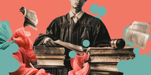 Wall Mural - The photo shows a judge wearing a robe and holding a gavel. The background is pink, and there are flowers and leaves on either side of the judge. The image is likely meant to represent the justice