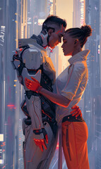 Wall Mural - human and robot couple of two love and hugging, robotic man and woman embrace and kissing, relationship of human and machine, artificial intelligence concept