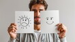 © DZMITRY - Man holding two photo sheets with different portrait emotions, one about to hide half a face with an angry expression, and the other about to reveal a happy, smiling face. Hand drawn style modern