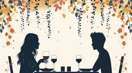 Wall Mural - Couple sitting at a restaurant table, enjoying wine as they enjoy their date. Hand drawn style modern illustration of a couple in love.