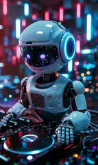 cute robot dj playing techno music at party in nightclub, cyborg techno deejay