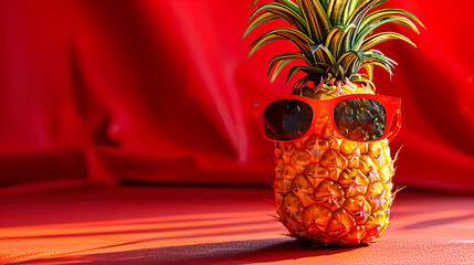 Poster - Fun and Creative Summer Concept with Sunglasses and Pineapple on Pink Background, Tropical Vacation Mood