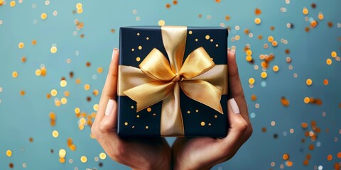 Canvas Print - Woman hands holding elegant present gift box with golden ribbon over blue background with confetti.