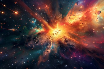 Space Nebula, 4k colorful abstract background image, 3d illustration, 3d  space, surreal explosion, colorful stars and asteroids