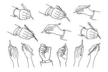 Large set of pen in hand, writer, writing hand, hand with pencil and pen in doodle style. Hand drawn vector illustration EPS10. Great for banner, posters, cards, stickers and professional design.