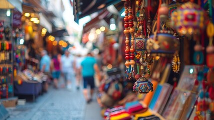 A bustling street market filled with colorful stalls and vendors selling exotic es handcrafted trinkets and unique souvenirs from different cultures.