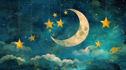 Wall Mural - Tarot card style with moon and stars , starry night sky, whimsical beautiful moon and stars illustrations background wallpaper. moon and stars illustration for prints wall arts and canvas