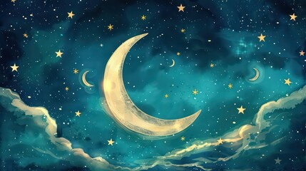 Wall Mural - Tarot card style with moon and stars , starry night sky, whimsical beautiful moon and stars illustrations background wallpaper. moon and stars illustration for prints wall arts and canvas