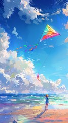 Fantasy Art ofA serene beach scene with a vibrant, rainbow-colored kite flying high, symbolizing inclusivity.,natural look