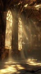 Wall Mural - The haunting beauty of an abandoned throne room, its once-glorious tapestries now tattered and torn. Dust motes dance in the shafts of golden light that filter through broken windows,