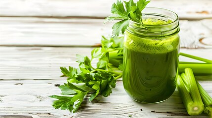 Wall Mural - Fresh green smoothie in a glass jar with celery and parsley on a wooden background. Healthy lifestyle drink, vegan snack. Homemade detox juice. AI