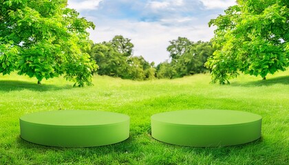 Two green podiums in a green grassy field with green trees