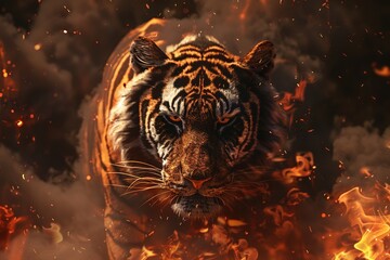 Poster - 3D illustration of a tiger in the fire with flames and smoke