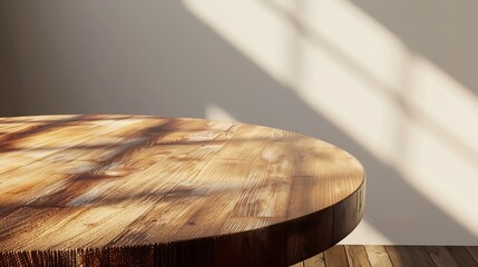 Poster - Empty beautiful round wood table  top counter on  interior in clean and bright with shadow background Readywhite background for product montage : Generative AI