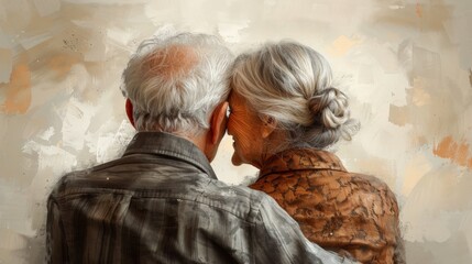 Wall Mural - A back view of a beautiful senior couple hugging and looking outside. An illustration in hand-drawn style.