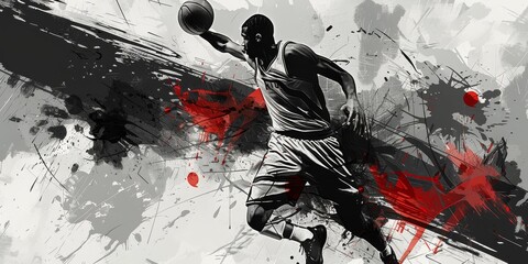  basketball player black and white and red abstract art 