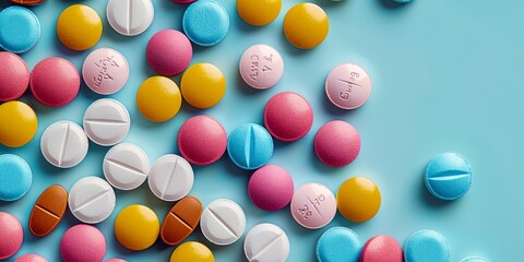 Wall Mural - top down view of pharmaceutical pills. colorful prescription tablets on a plain background.