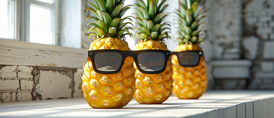Poster - Pineapple with Sunglasses on a Beach, Fun and Colorful Tropical Summer Theme, Fashionable Holiday Accessory