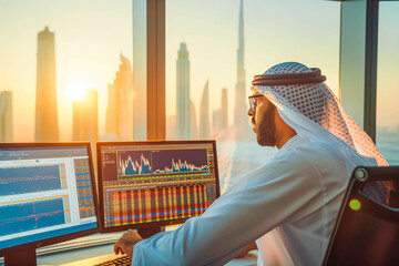 A motivated Middle Eastern business analyst, in his 30s, analyzing market data for a client presentation at sunrise.