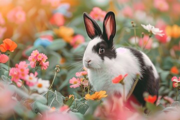 A captivating shot of a black and white Dutch rabbit amidst pastel-colored flowers, creating a picturesque and charming scene