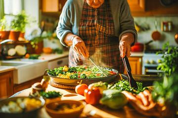 A person with a visible disability prepares a healthy meal in a bright, well-equipped kitchen. Fresh ingredients and warm tones fill the space, topped with inviting wooden countertops.