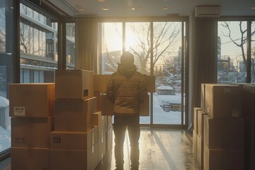 Sticker - Sunlit room filled with cardboard boxes and houseplants, capturing the essence of a new move and fresh start