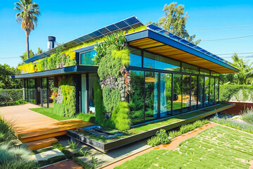 Wall Mural - A sustainable, eco-friendly home with lush greenery and solar panels: A modern, environmentally conscious dwelling with a living roof, green walls, and cutting-edge renewable energy solutions.