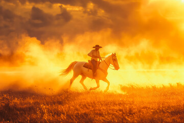 A White horseback rider races across a vast field bathed in golden light, kicking up dust in their wake as the sun sets.