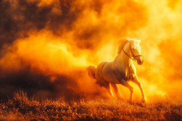 A White horseback rider races across a vast field bathed in golden light, kicking up dust in their wake as the sun sets.