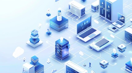 Leinwandbilder - Isometric icon of computers, laptops, and technology equipment on a blue and white background. Creative banner for computer service and tech repair with copy space. 