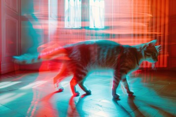 Sticker - a cat walking across a room but with each step the image becomes increasingly blurred and distorted reflecting the uncertainty of quantum states