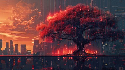 Wall Mural - A tree with red leaves is in front of a city skyline. The sky is orange and the city is lit up with lights