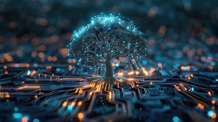 Wall Mural - A tree is growing out of a computer circuit board. The tree is surrounded by a glowing, neon blue background. Concept of technology and nature coming together in a harmonious way