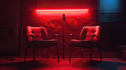 Wall Mural - Two red chairs are facing each other in a dimly lit room. The chairs are positioned in front of a microphone, suggesting that they are set up for a recording session