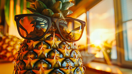 Wall Mural - Quirky Pineapple Wearing Sunglasses on a Tropical Beach, A Humorous Take on Summer and Healthy Eating