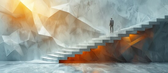 Wall Mural - White abstract man climb stairs polygonal, geometry triangle