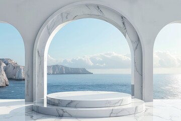 A white archway with a view of the ocean. The archway is made of marble and is situated in front of a large body of water. The scene is serene and peaceful, with the ocean as the backdrop