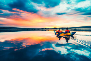 Wall Mural - Adventurous couple kayaking on tranquil lake at sunset, admiring reflections of colorful sky.