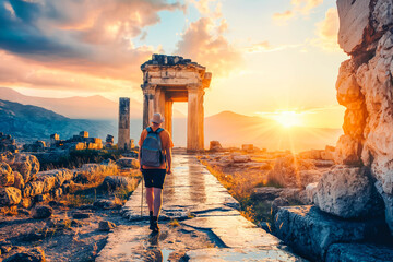 Adventurous traveler exploring ancient ruins at sunrise, marveling at historical wonders.