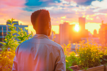 Afro-American man admiring city skyline from urban rooftop garden at sunset, contemplating dreams and aspirations.