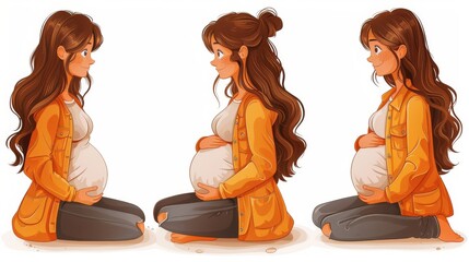 Wall Mural - Stages of pregnancy. Pregnant and newborn, woman's belly during pregnancy. Hand drawn style modern design illustrations.