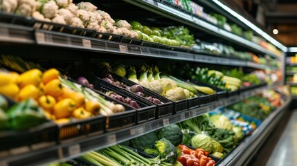 Fresh vegetables on a shelf in a supermarket.